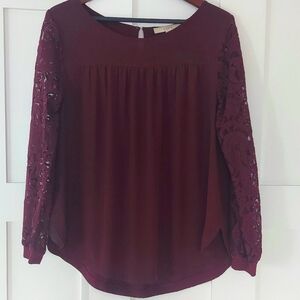 LOFT Ann Taylor Maroon With Lace Long Sleeve Blouse Large